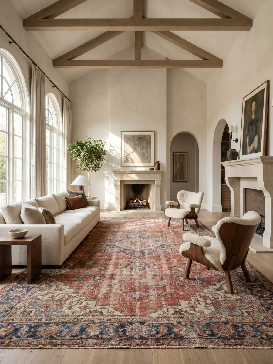 A spacious, luxury living room showcasing the perfect proportional placement of a large vintage style rug.
