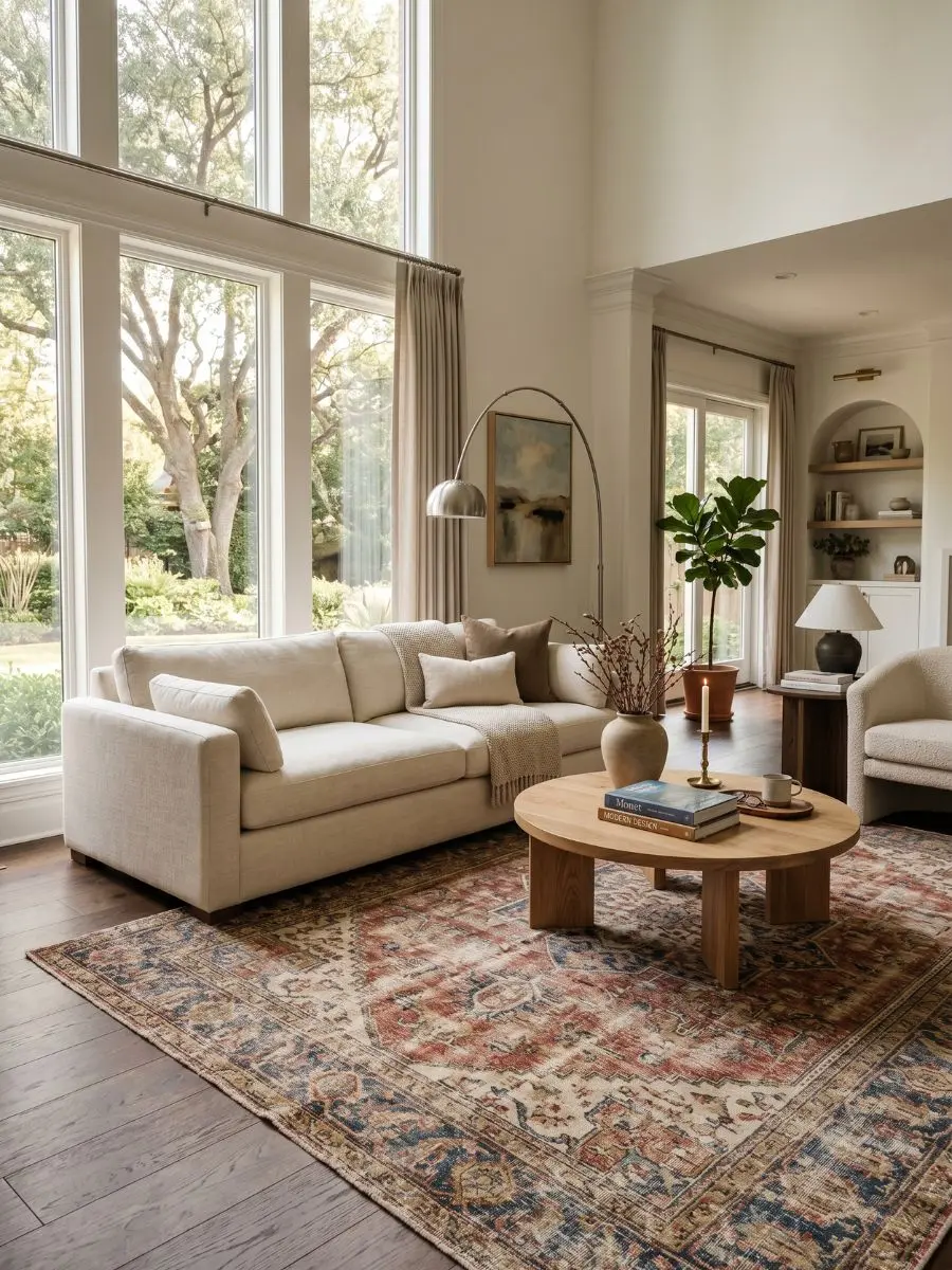 An elegant, sunlit living room featuring a faded vintage style rug beneath modern, neutral furniture.