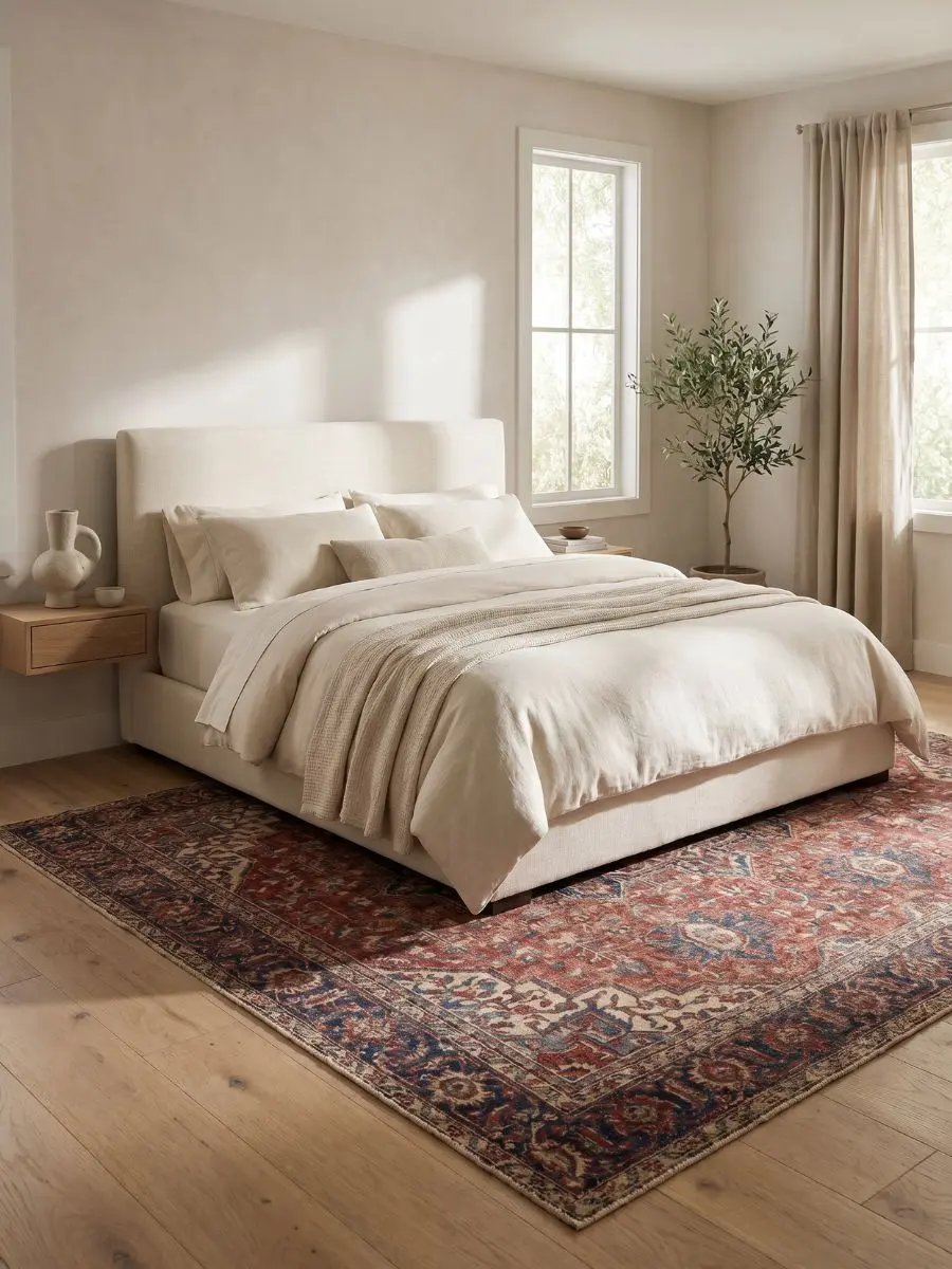A calm luxury minimalist bedroom featuring a muted vintage style rug grounding a clean linen bed layout.