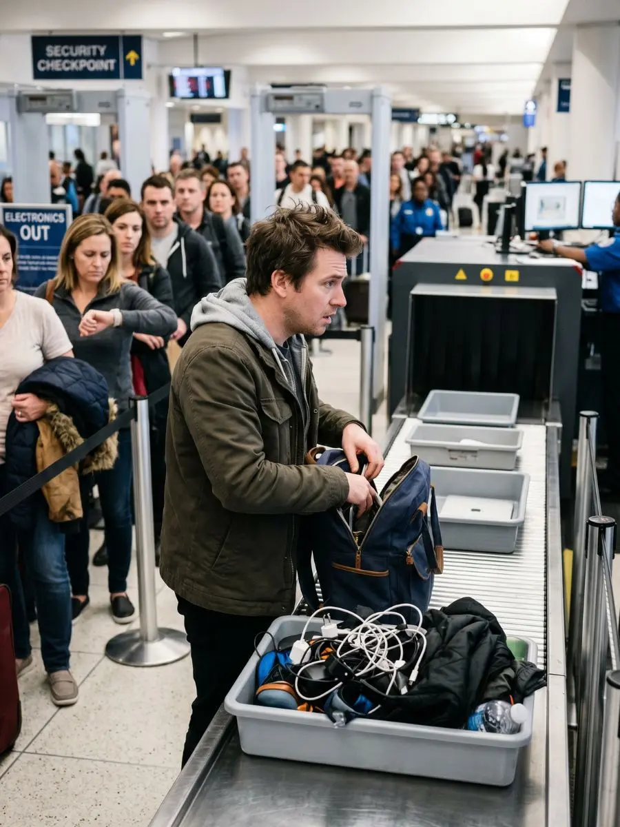A frustrated traveler awkwardly unpacking a messy canvas backpack into a cluttered security bin at a busy airport checkpoint line.