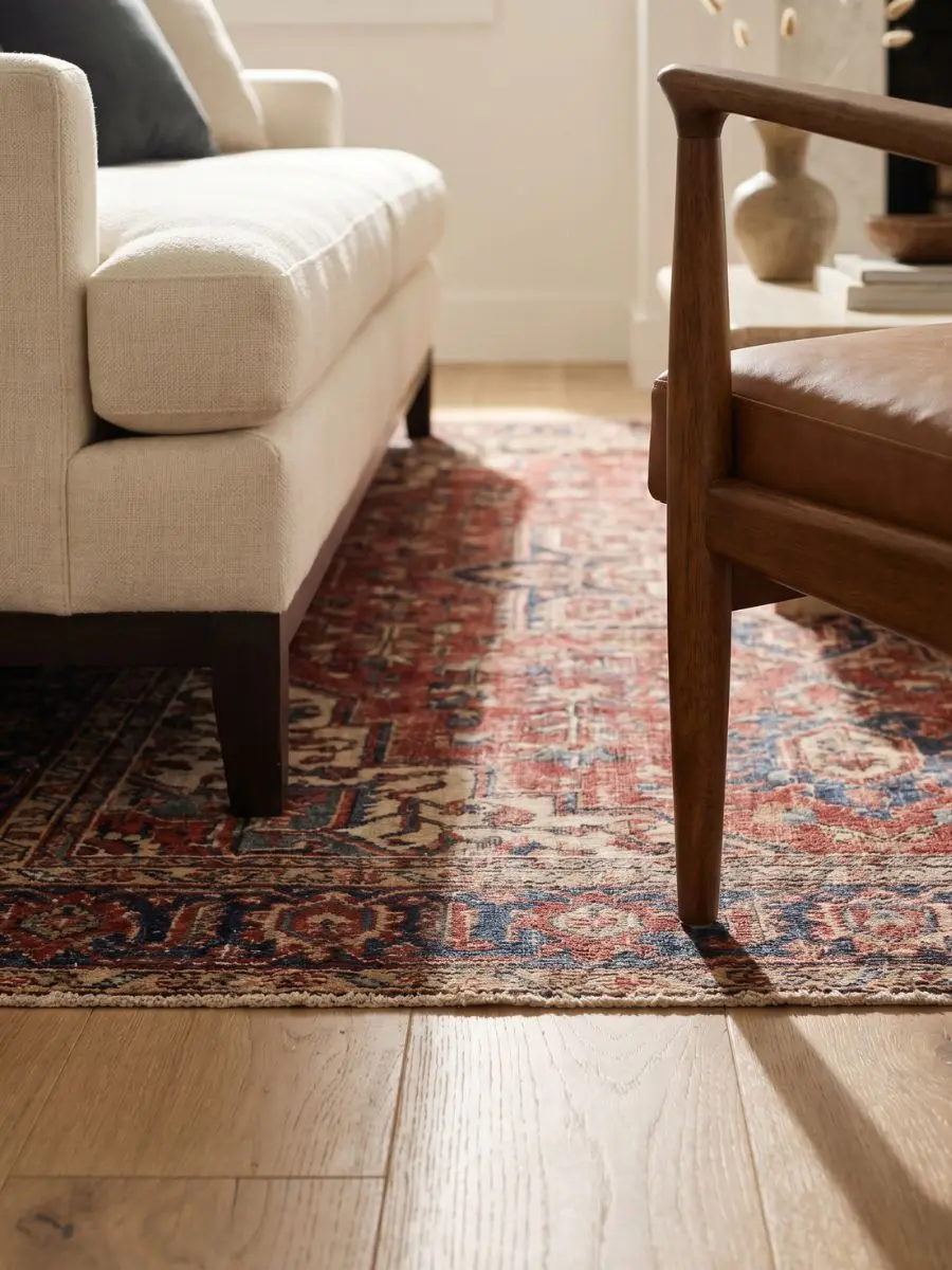 Front legs of a cream sofa and a wooden mid-century chair anchoring the edge of a red vintage rug on hardwood flooring.
