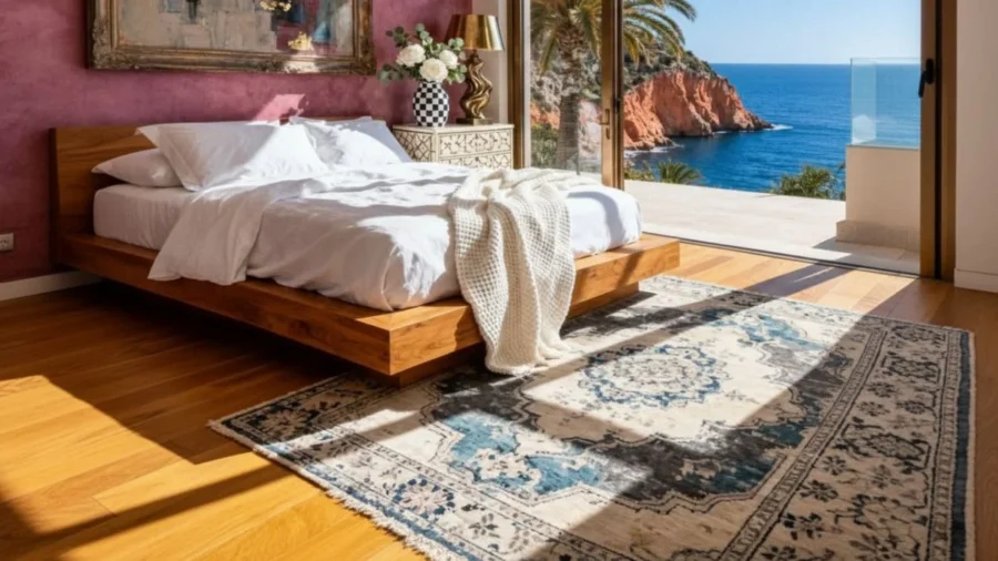 An honest Joydeco washable rugs review showcasing the blue and grey vintage medallion area rug under a wooden platform bed in a bright bedroom.