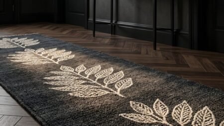 A Joydeco washable runner rug with a cream floral leaf design on a dark grey low-pile chenille background, laid over a dark herringbone wood floor.