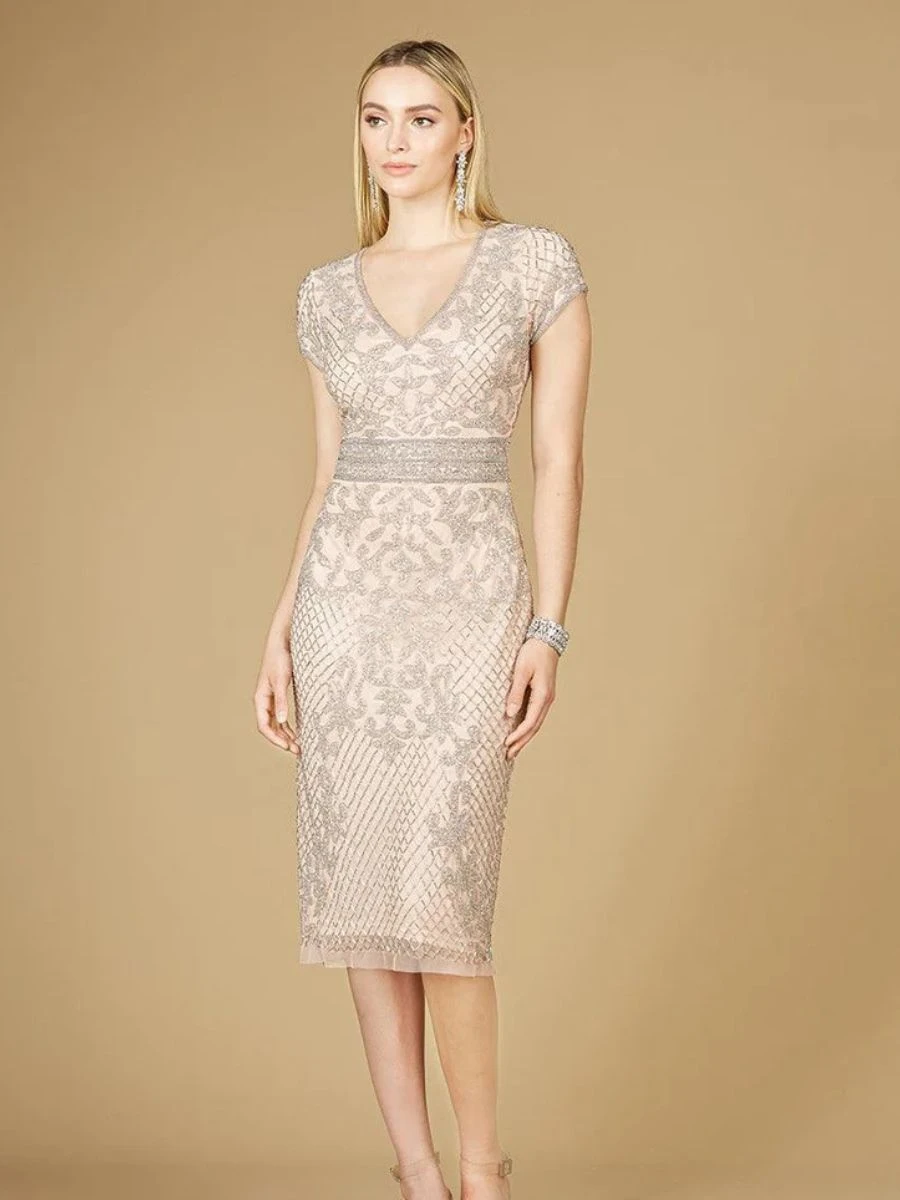 An exquisite Lara Dresses cap sleeve cocktail dress in a soft blush tone showcasing sequined patterns over tulle.