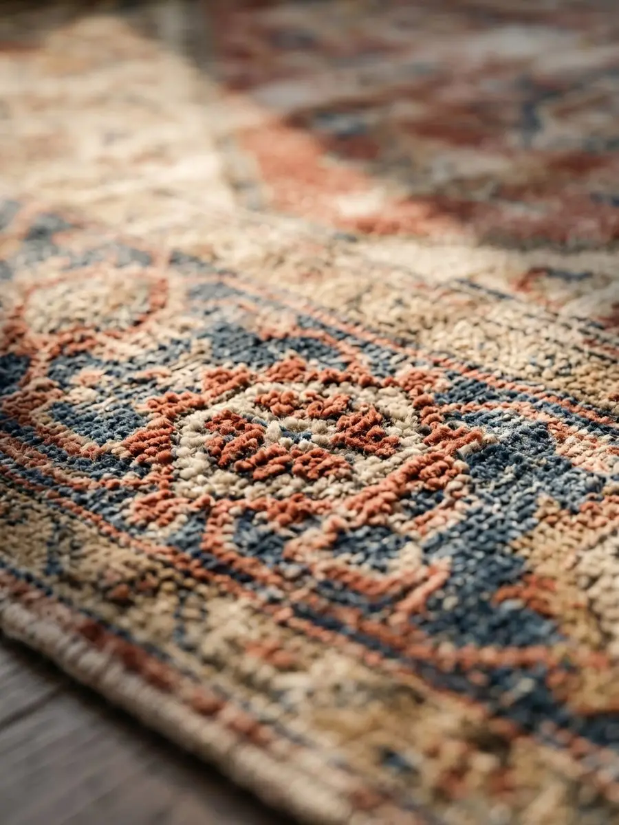 Detailed macro photograph showing the soft, matte texture of a low-pile chenille vintage style rug.