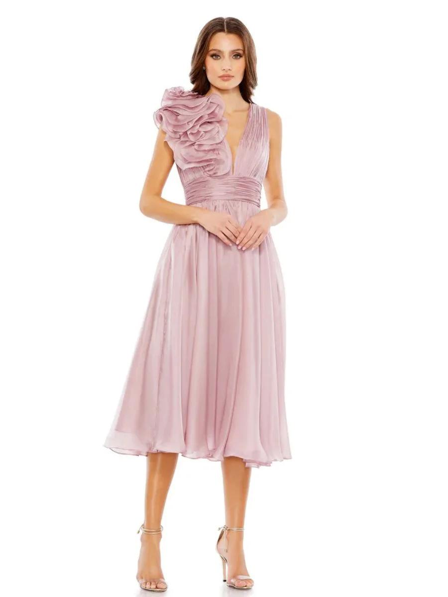 A breathtaking Mac Duggal short ruffle A-line cocktail tea-length dress in a soft pastel tone showing structured ruffles.

