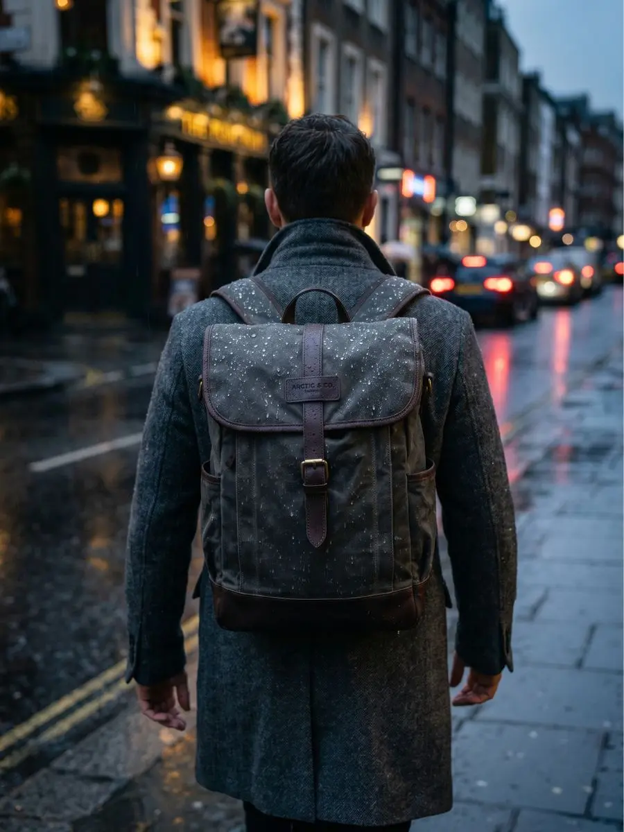 A view from behind of a man in a grey overcoat walking on a wet city street, wearing a dark olive canvas backpack with clear rain droplets beading on the surface.