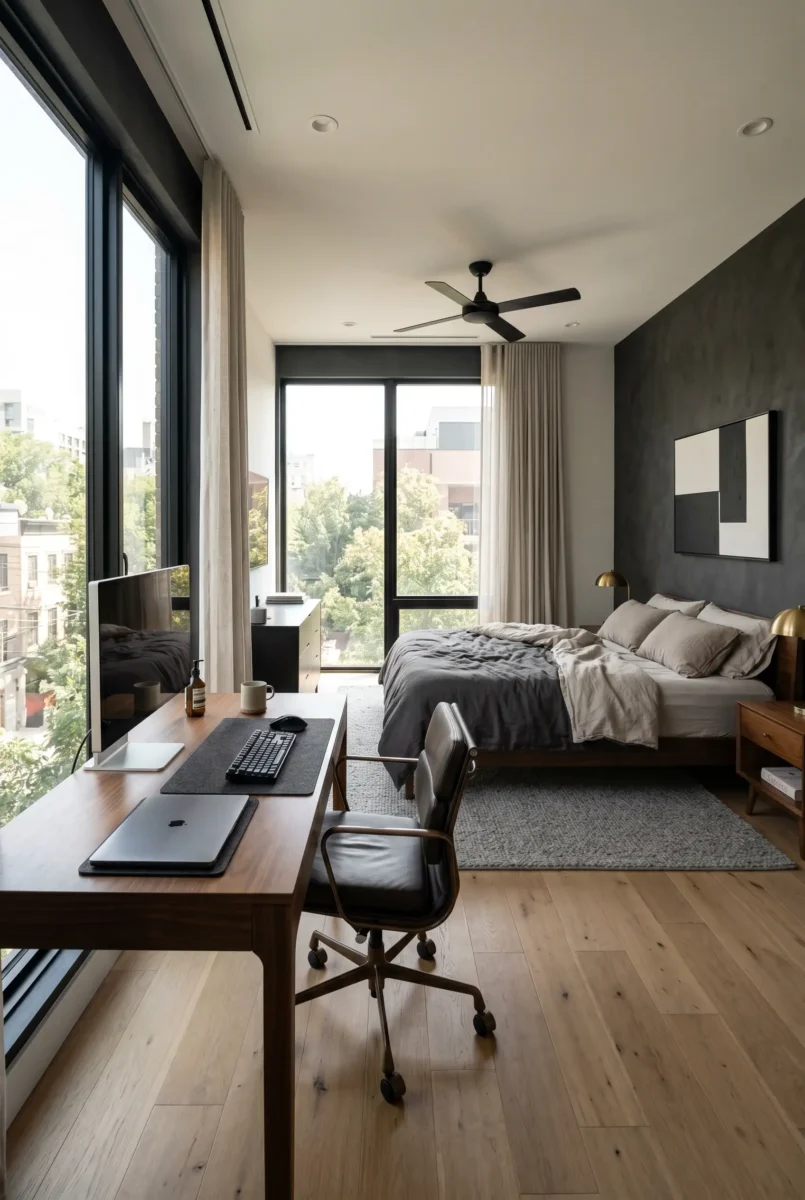 A wide editorial shot of a minimalist luxury mens bedroom and integrated walnut home office desk with soft natural window lighting.