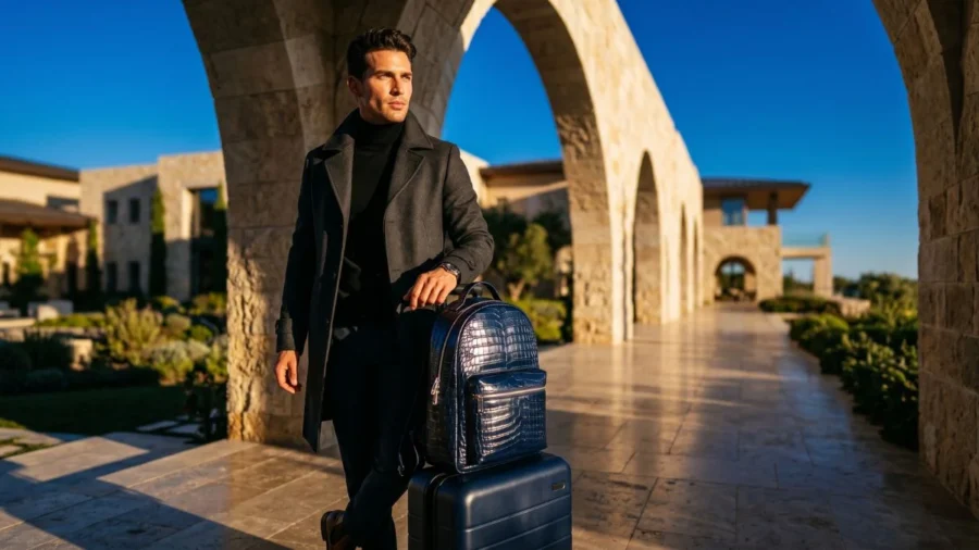 A handsome man in a charcoal grey trench coat and black turtleneck stands in a sunlit luxury stone courtyard with a deep blue sky. He rests his hand on an expensive navy blue crocodile-embossed leather backpack stacked on a suitcase, representing practical luxury gifts for men. Low-angle golden-hour sunlight creates rich contrasts and deep depth across the stone arches.