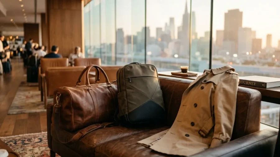 A premium vintage brown leather weekender duffle bag and a sleek olive green and black minimalist backpack rest on a brown leather lounge sofa next to a folded beige trench coat, set against a sunlit airport lounge or hotel lobby with a blurred cityscape skyline background.