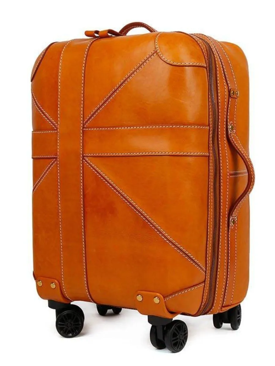 A premium 20 inch vintage cowhide leather carry on rolling suitcase with heavy duty wheels on a neutral background.
