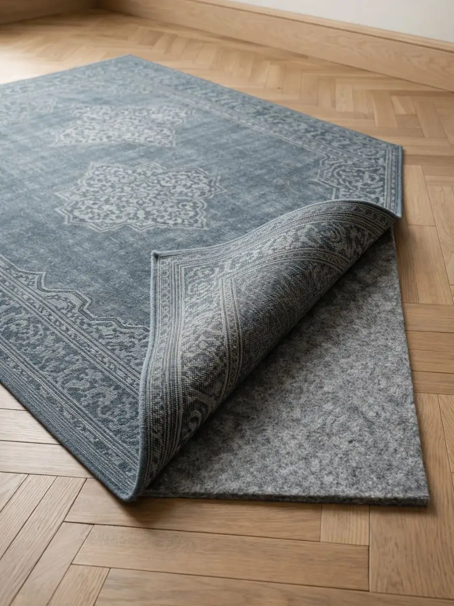 Folded corner of a blue-grey medallion washable rug showing a thick felt pad underneath on a herringbone floor.