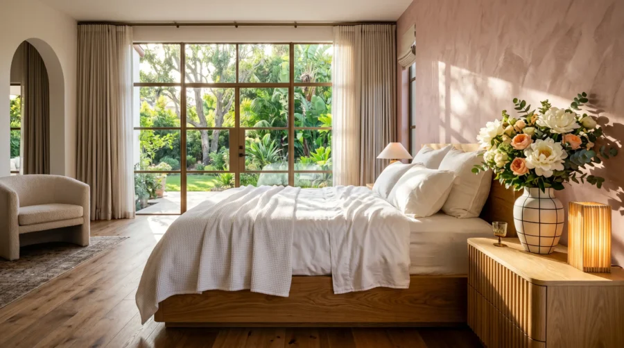 Sun-drenched luxury master bedroom featuring a wooden bed with layered white organic cotton sheets, a textured dusty rose Venetian plaster wall, a modern fluted oak nightstand with fresh white peonies, and a large window looking out onto a green tropical garden.