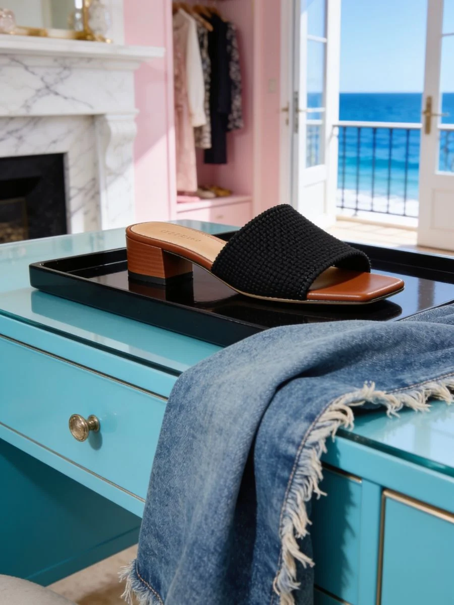 Premium black woven neoprene summer slide sandal on a luxury tray next to an indigo denim textile swatch in a coastal resort room.