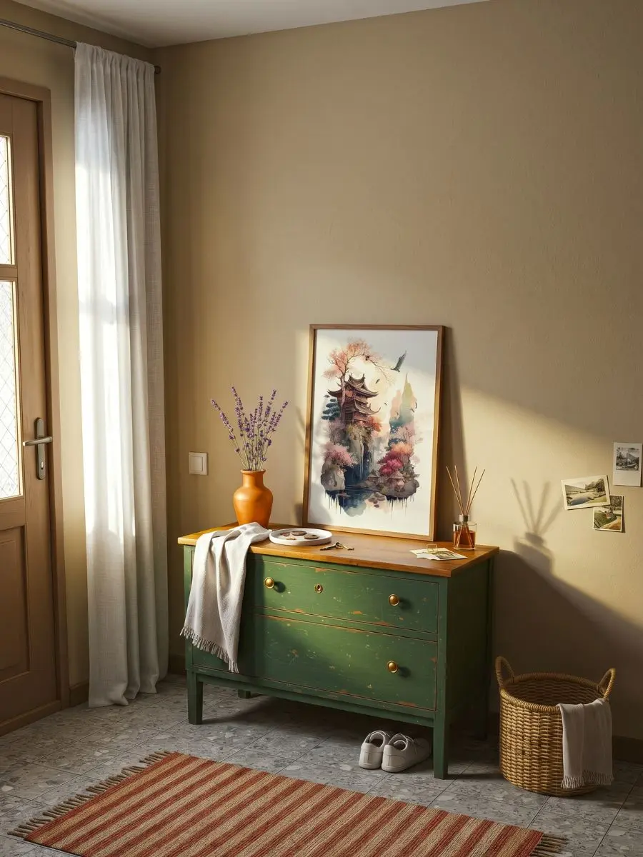 Serene Architecture Sketch (Watercolor Japanese Pagoda) print styled elegantly in a natural wood frame on a minimalist hallway wall layout.