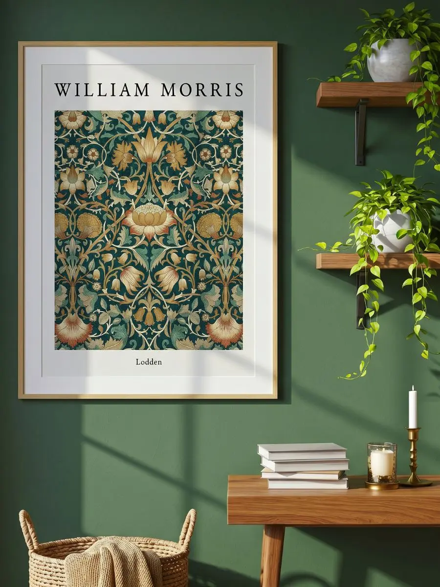 Arts and Crafts Pattern (William Morris Lodden No. 2) vintage textile botanical illustration framed cleanly in a guest bedroom setup.