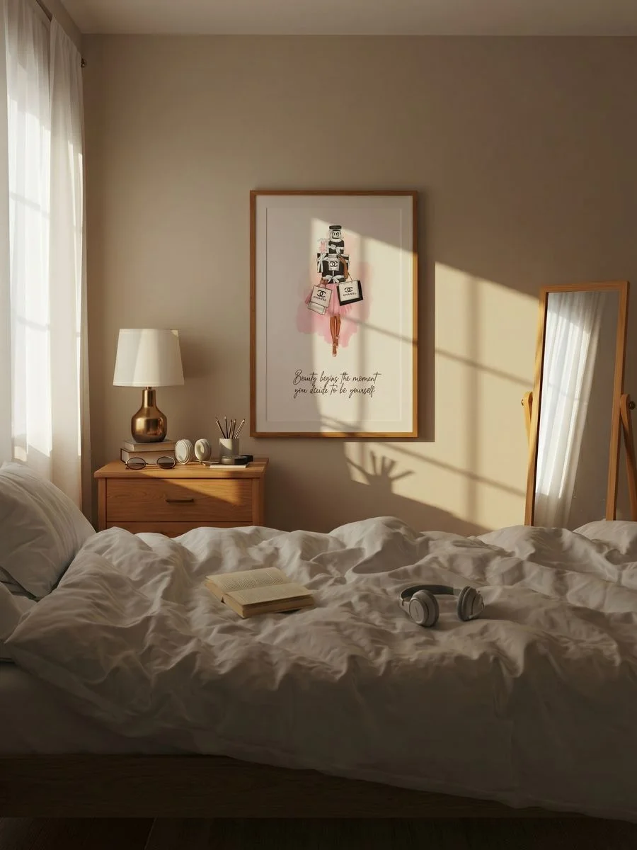 Elegant Inspirational Typographic Statement (Beauty Begins The Moment You Decide To Be Yourself) script quote print framed cleanly centered above a made bed layout.
