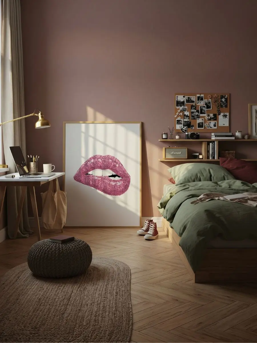 High-Fashion Saturated Lip Graphic (Pink Glitter Lip Bite) art print styled in a polished gold frame on a feminine bedroom wall.
