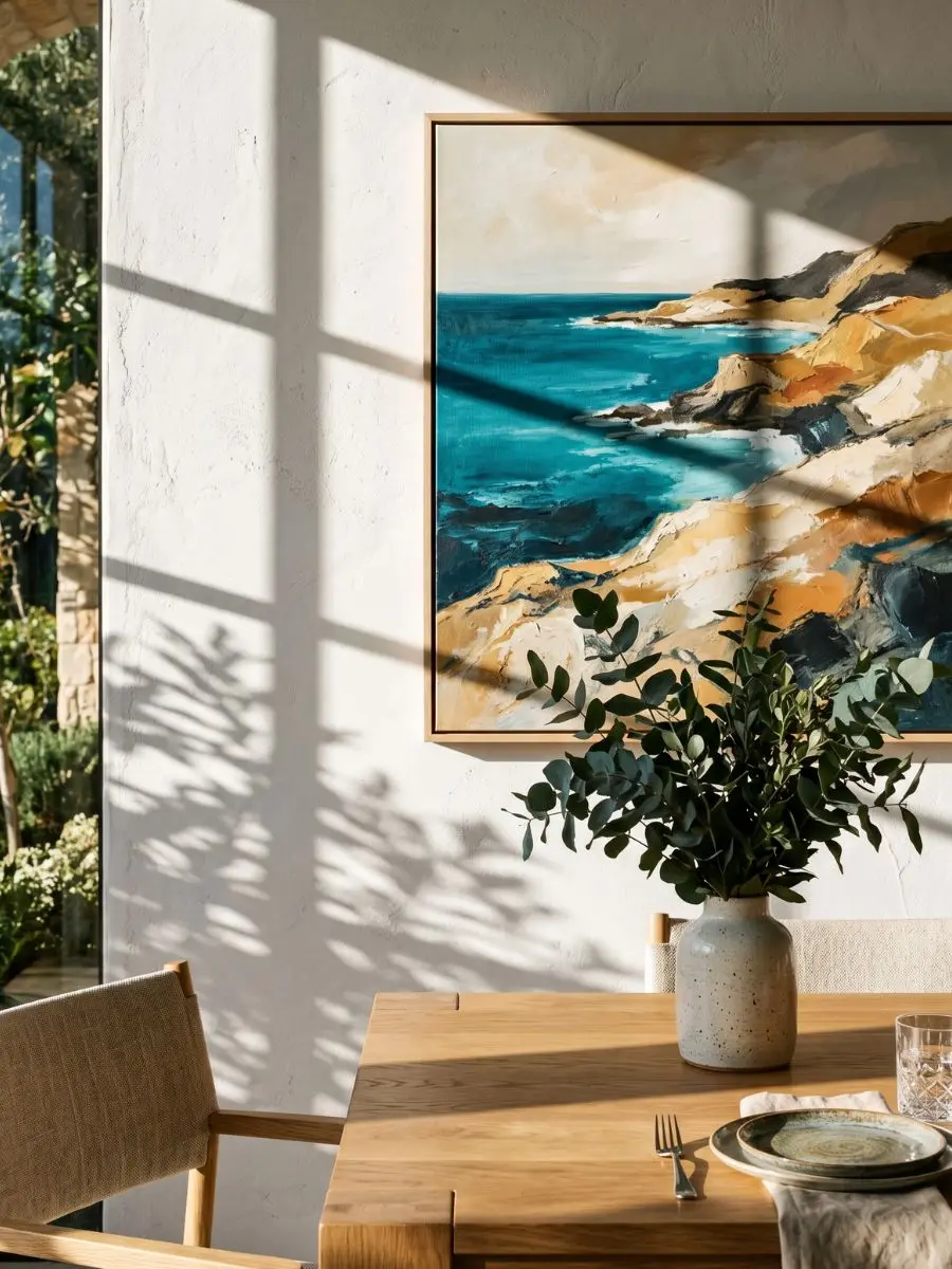 Large matte canvas art print in turquoise ocean blue and neutral tones hanging on a white wall under soft natural afternoon sunlight.