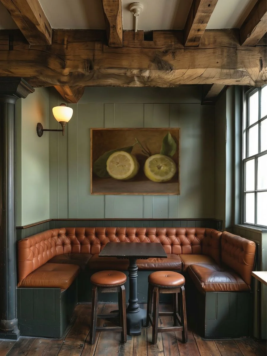 Classical Lemon Study (George Henry Hall's "Lemons") fine art print in a textured matte finish adding rich yellow color tones to a dining wall layout.