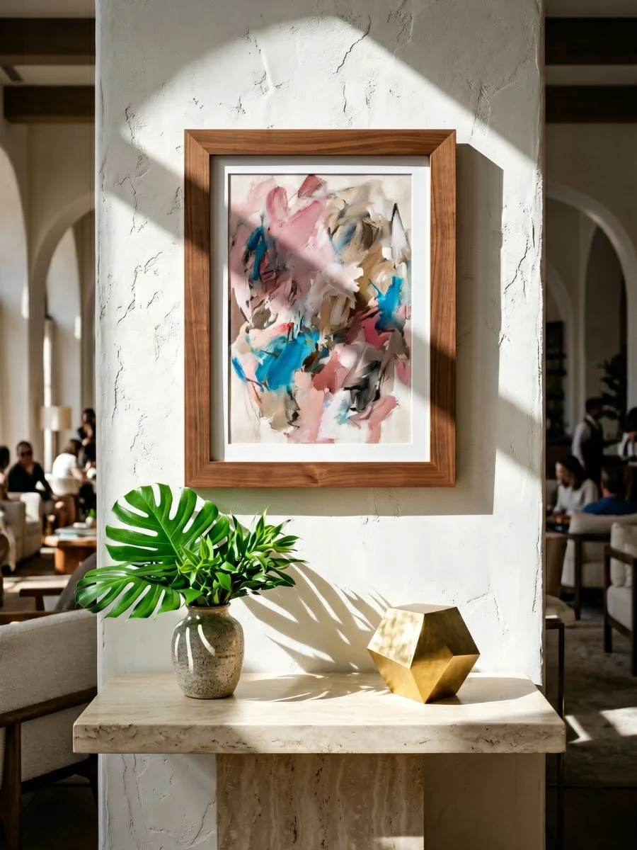 Oversized natural wood frame featuring a saturated pink and turquoise abstract print mounted on a white textured column above a travertine marble console table.