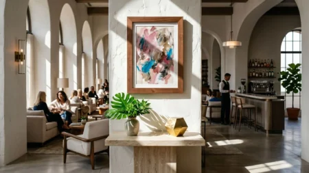 Oversized walnut wood frame with a saturated dusty pink and turquoise abstract print mounted on a white textured plaster pillar above a travertine marble console table.