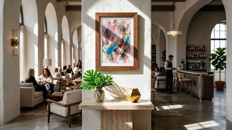 Oversized walnut wood frame with a saturated dusty pink and turquoise abstract print mounted on a white textured plaster pillar above a travertine marble console table.