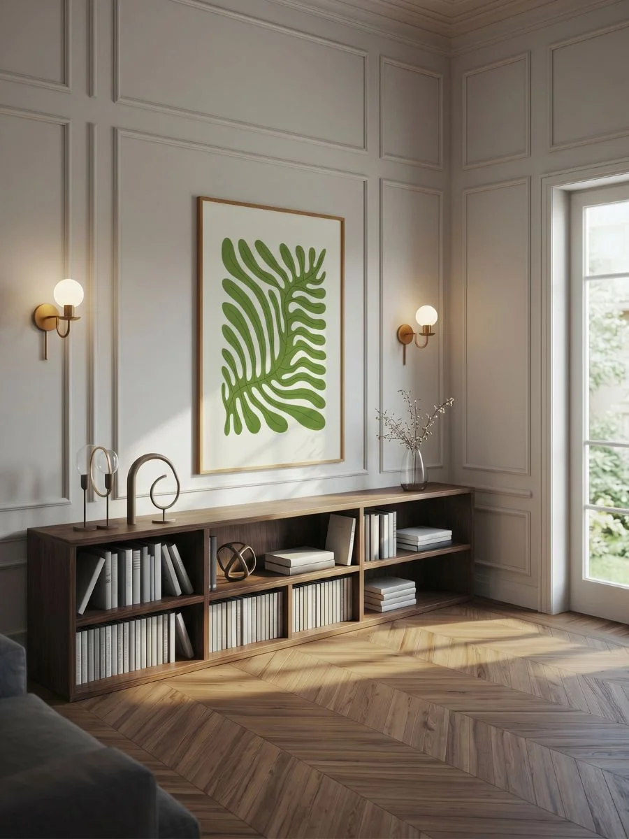 Rich Botanical Palm Fronds (Green Tropical Leaves) print in a light wood frame adding rich organic textures above a living room sofa layout.