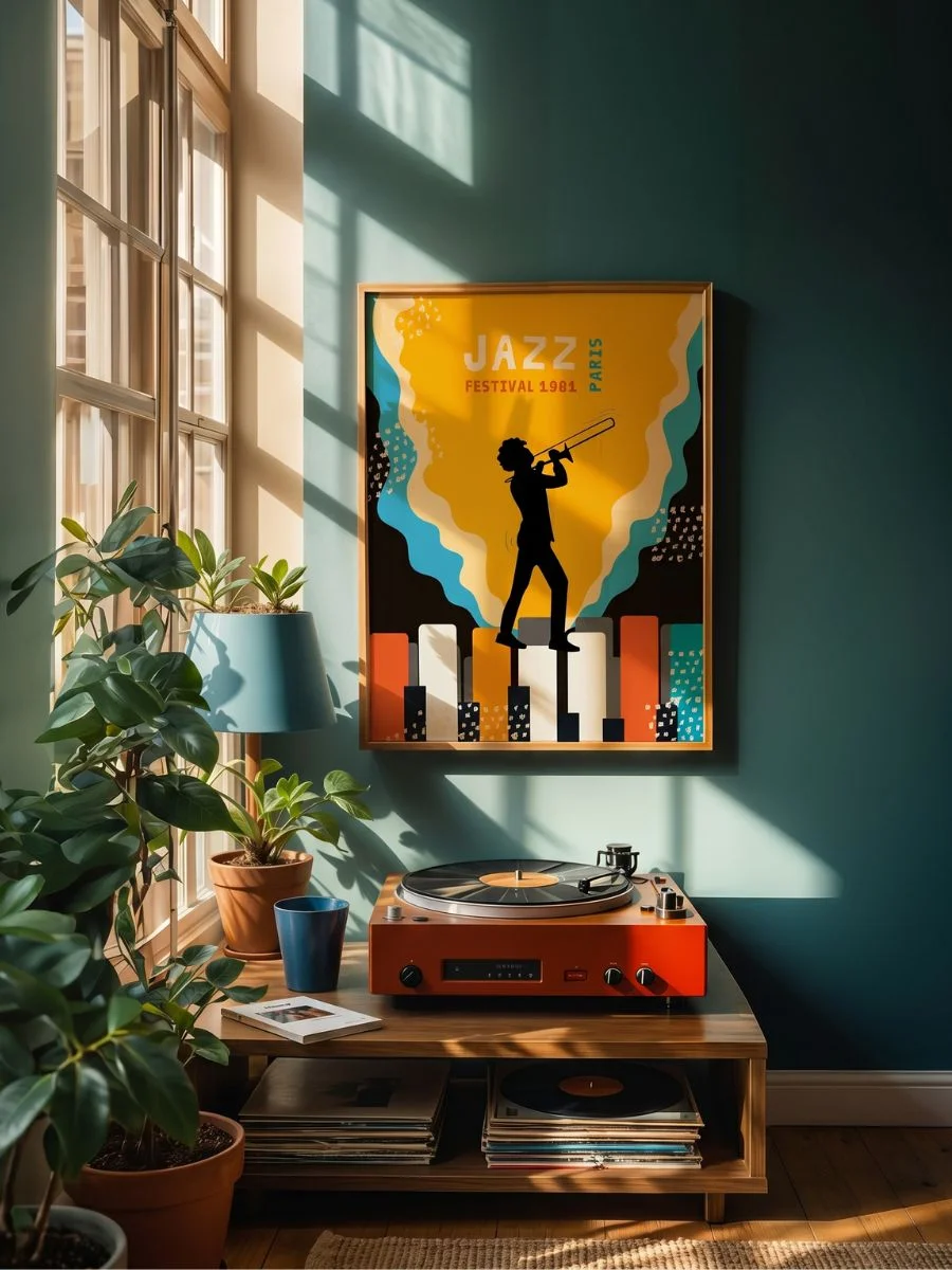 Saturated Red 1981 Music Graphic (Paris Jazz Festival 1981) typography poster hanging on a gallery wall adding vibrant color contrast.