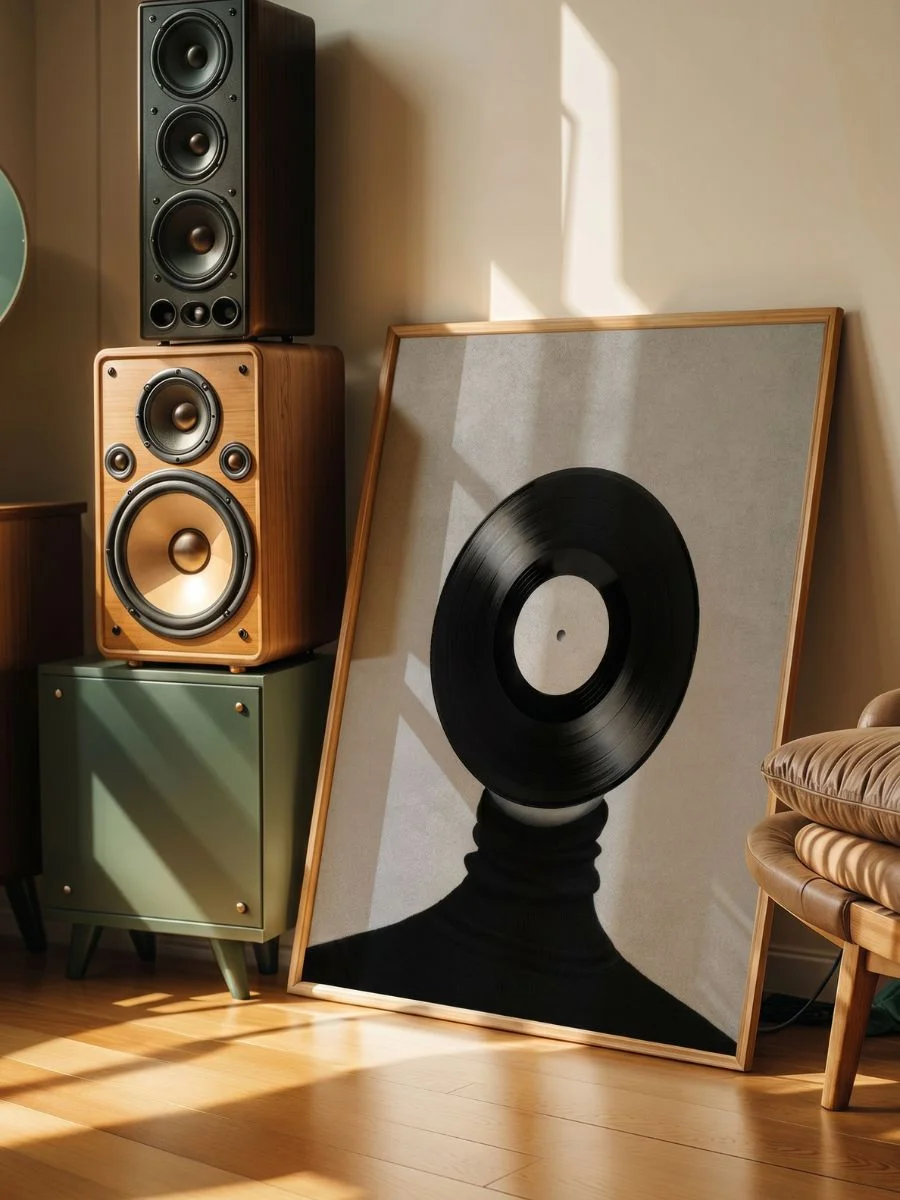 Mid-Century Monochrome Audio Discs (Vinyl Record Collage) print framed in black wood resting on a hardwood floor next to vintage audio speakers.