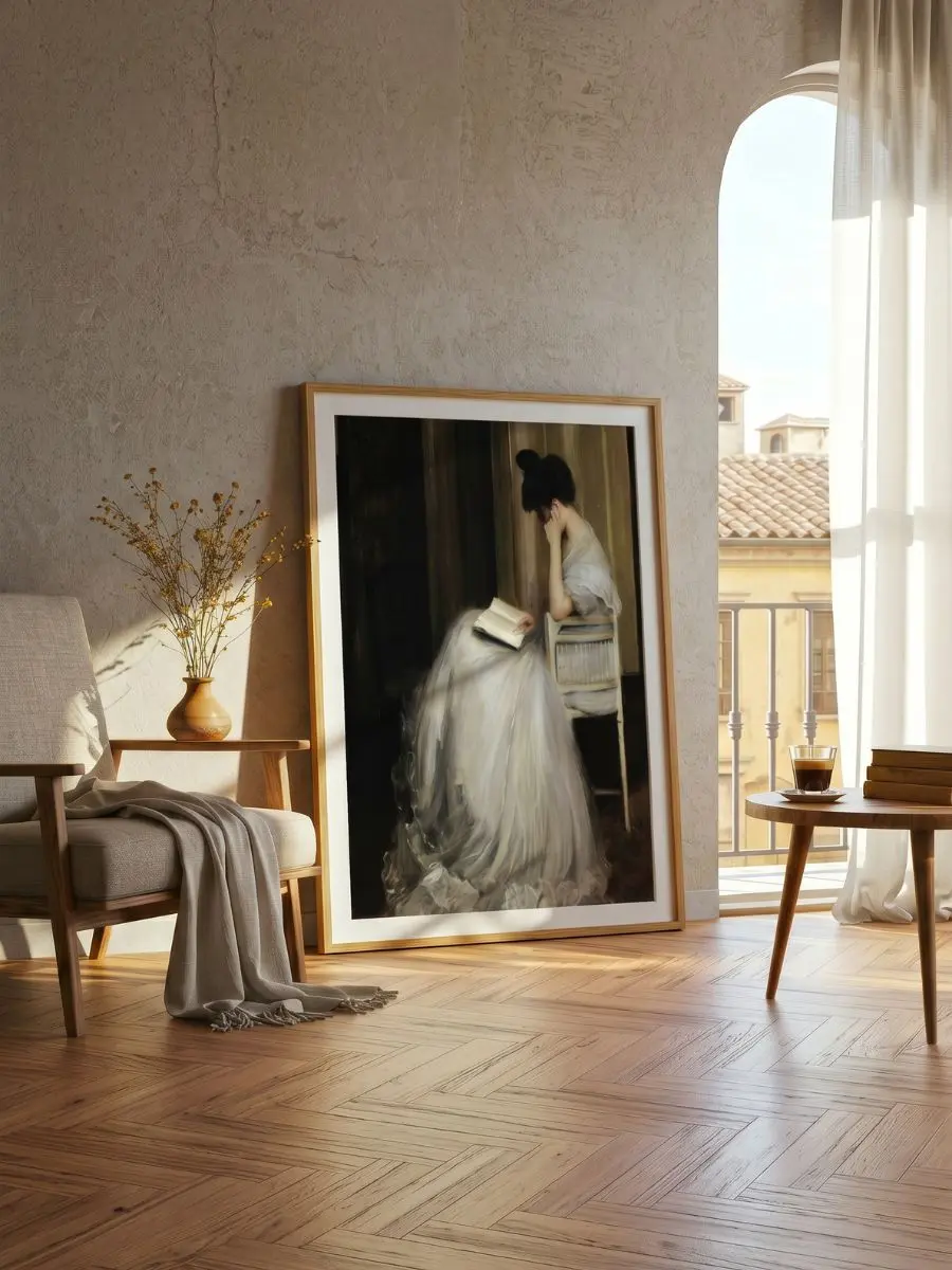 Classical Literary Painting (Jacques-Emile Blanche's "The Readers") oil painting replica inside a light oak frame hanging at eye level in a home office design layout.