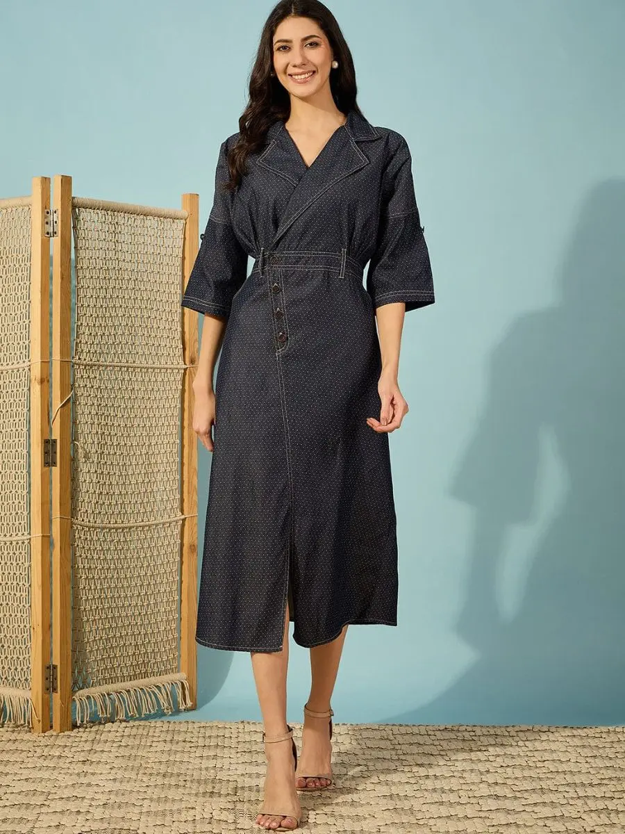 A dark blue 100% cotton denim wrap midi dress featuring a notch collar, 3/4 sleeves, and a matching waist belt.