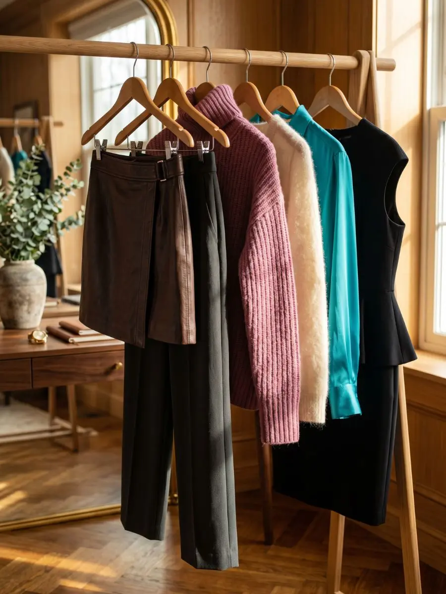 A curated capsule wardrobe rack featuring business casual clothing for an hourglass figure including structured trousers and knitwear.