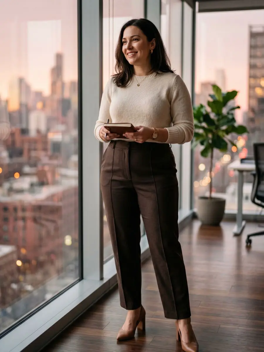 A realistic lifestyle photograph of a professional woman with an hourglass figure wearing high-waisted brown trousers and a cream sweater in a high-rise office.