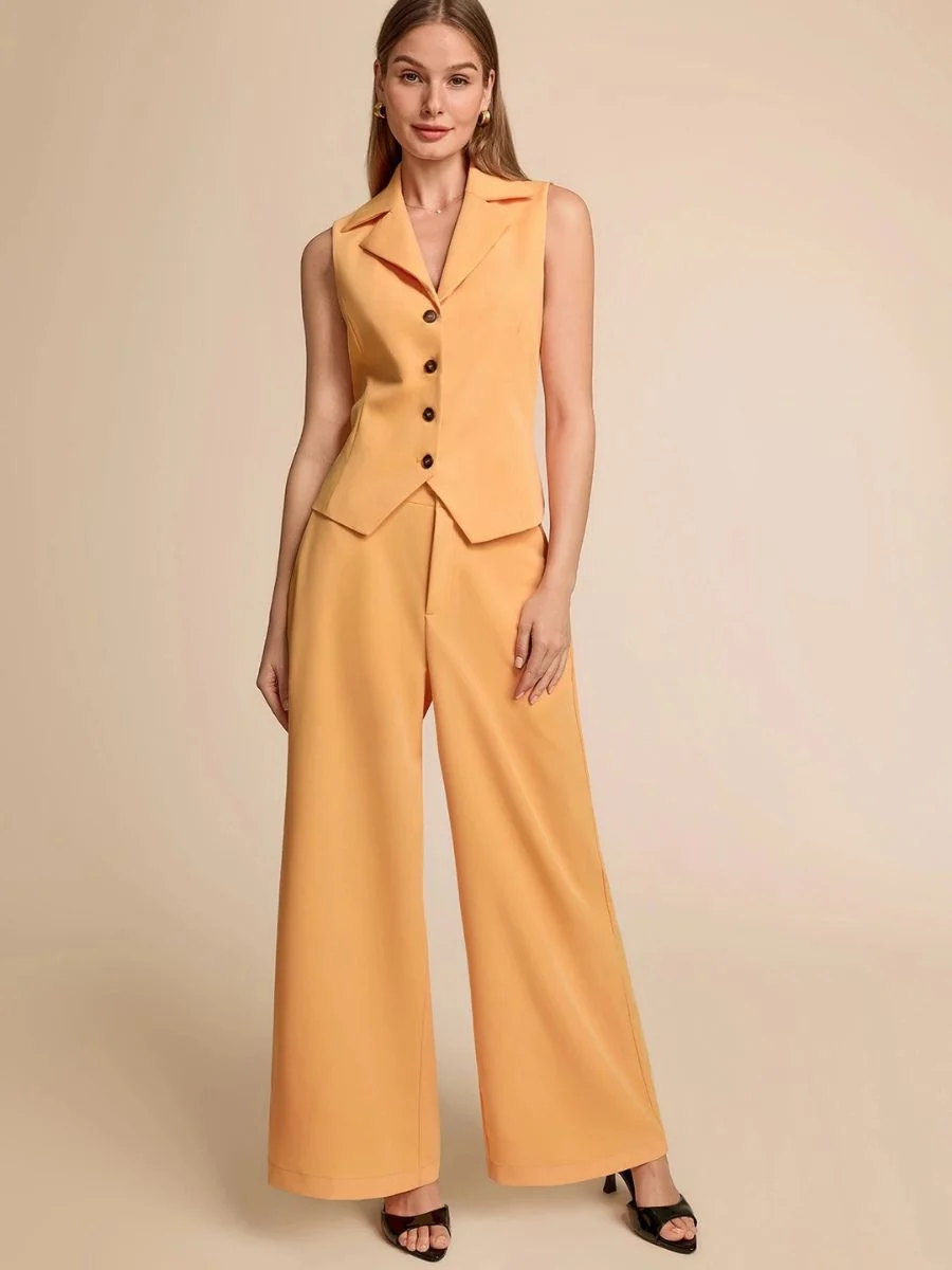 Cicy Bell apricot yellow 2-piece set featuring a tailored button-front vest and wide-leg trousers on a model.