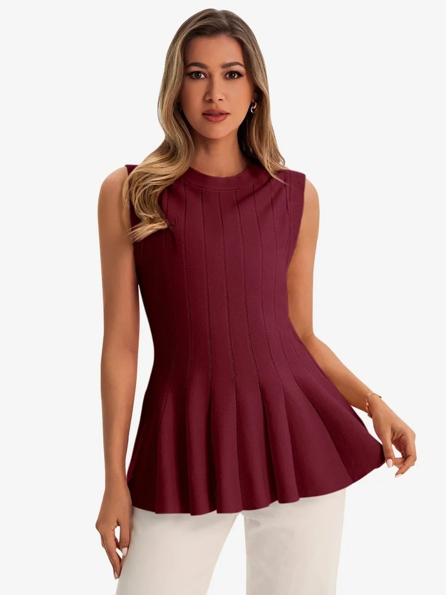 Cicy Bell burgundy pleated peplum ribbed knit tank top on a model.
