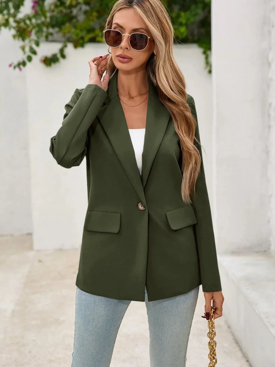 Cicy Bell dark green single button knit blazer jacket on a model.