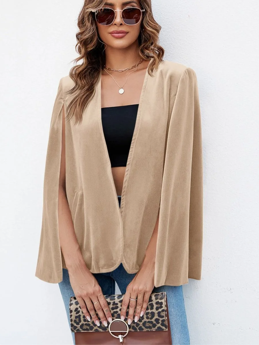 Cicy Bell light khaki velvet cape blazer jacket with split sleeves on a model.