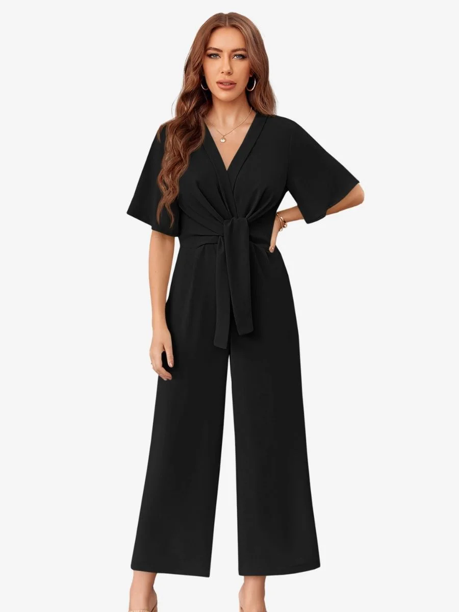 CicyBell black wide-leg corporate jumpsuit with a front tie-knot and flutter sleeves on a model.