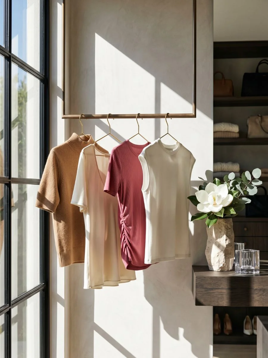 A vertical editorial magazine photograph of four distinctly different premium women's short-sleeve t-shirts including a camel mock-neck, cream scoop-neck, ruched rose-pink tee, and off-white cap-shoulder shirt hanging on a bronze clothing rail in a sunlit luxury closet next to a white magnolia vase.