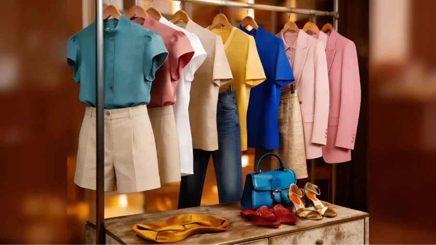 Premium t-shirts and luxury capsule wardrobe clothing hanging on a bronze rail in a sophisticated, sunlit closet.