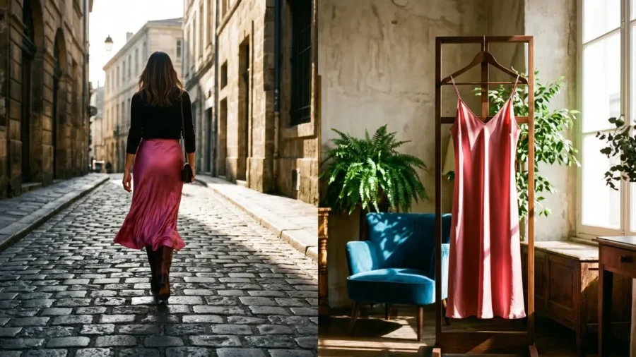 A split-screen fashion image representing how to prevent clothes from clinging. On the left, a woman in a black top and a rose pink satin midi skirt walks away on a sunlit cobblestone street. On the right, a luxurious matching rose pink silk slip dress hangs gracefully on a minimalist wooden clothes rack indoors next to a blue armchair, indoor plants, and a sunlit window with soft shadows.
