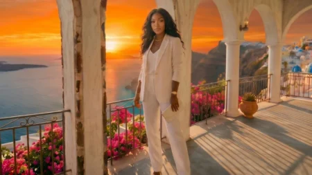 A woman wearing a smooth white linen suit without any static cling standing on an elegant balcony overlooking a coastal sunset.