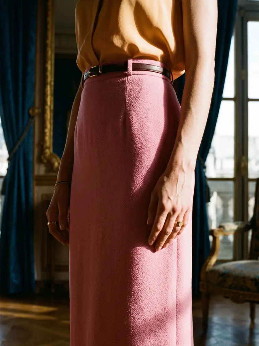 A high-fashion magazine editorial photograph focusing on the flat, smooth waistline of a woman wearing a tailored powder-rose pink midi skirt and a mandorla peach blouse. She stands in a sun-drenched, opulent room with dramatic lighting, showcasing how seamless undergarments eliminate fabric cling and ripples at the waistband.