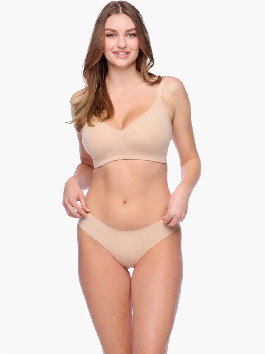 Product catalog photograph of the seamless Cosabella Free Cut Micro Low Rise Thong in the rich neutral shade Sette.
