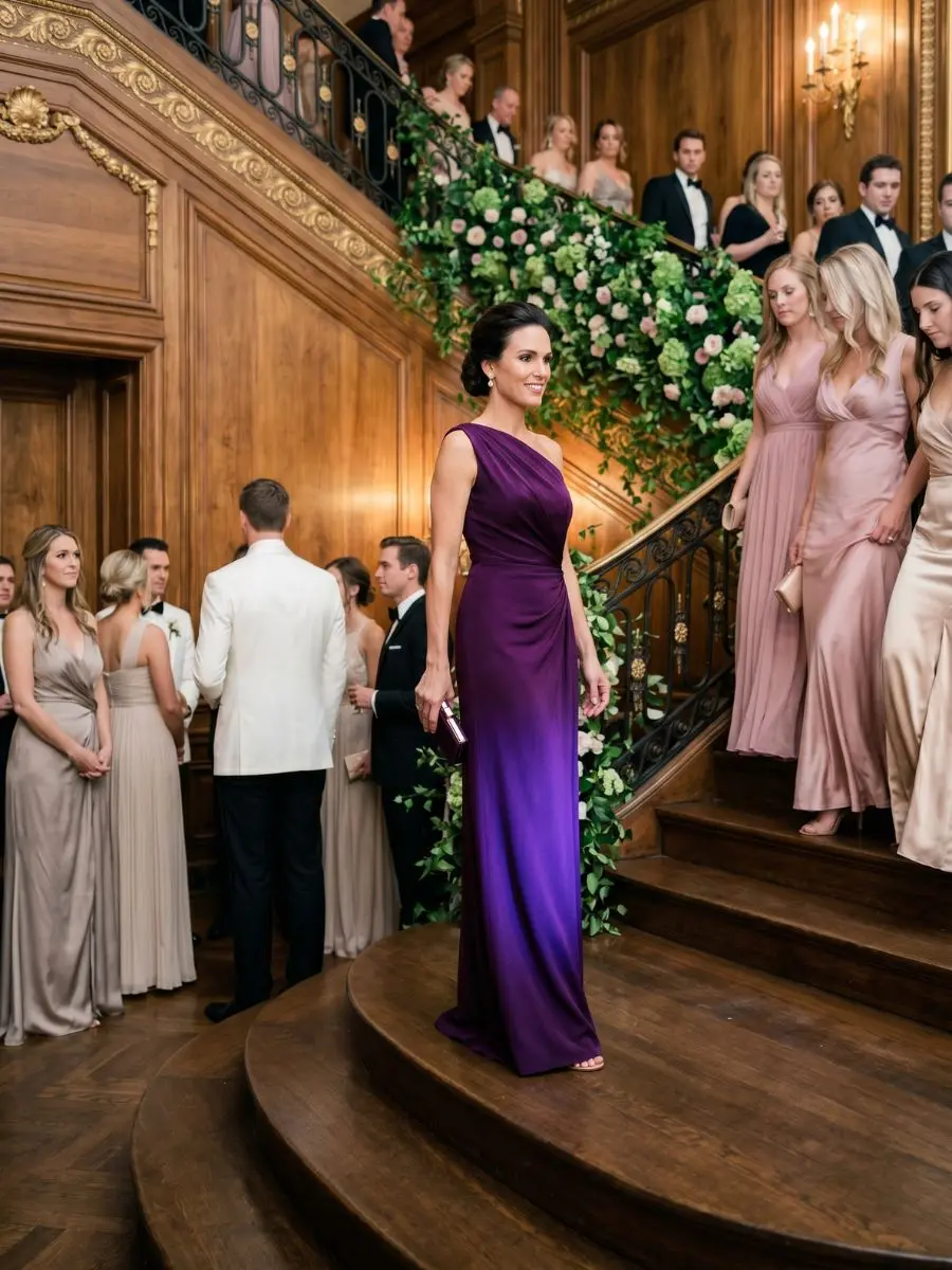 10 Stunning Long Purple Column Gowns for Your Next Black-Tie Event Elegant woman in a structured deep plum purple silk-crepe column gown taking a poised step inside an opulent wooden ballroom during a formal black-tie gala.