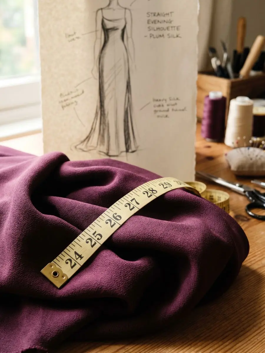 10 Stunning Long Purple Column Gowns for Your Next Black-Tie Event A close-up view of a designer's table featuring a measuring tape, textured plum fabric, and a fashion sketch of a straight evening dress.