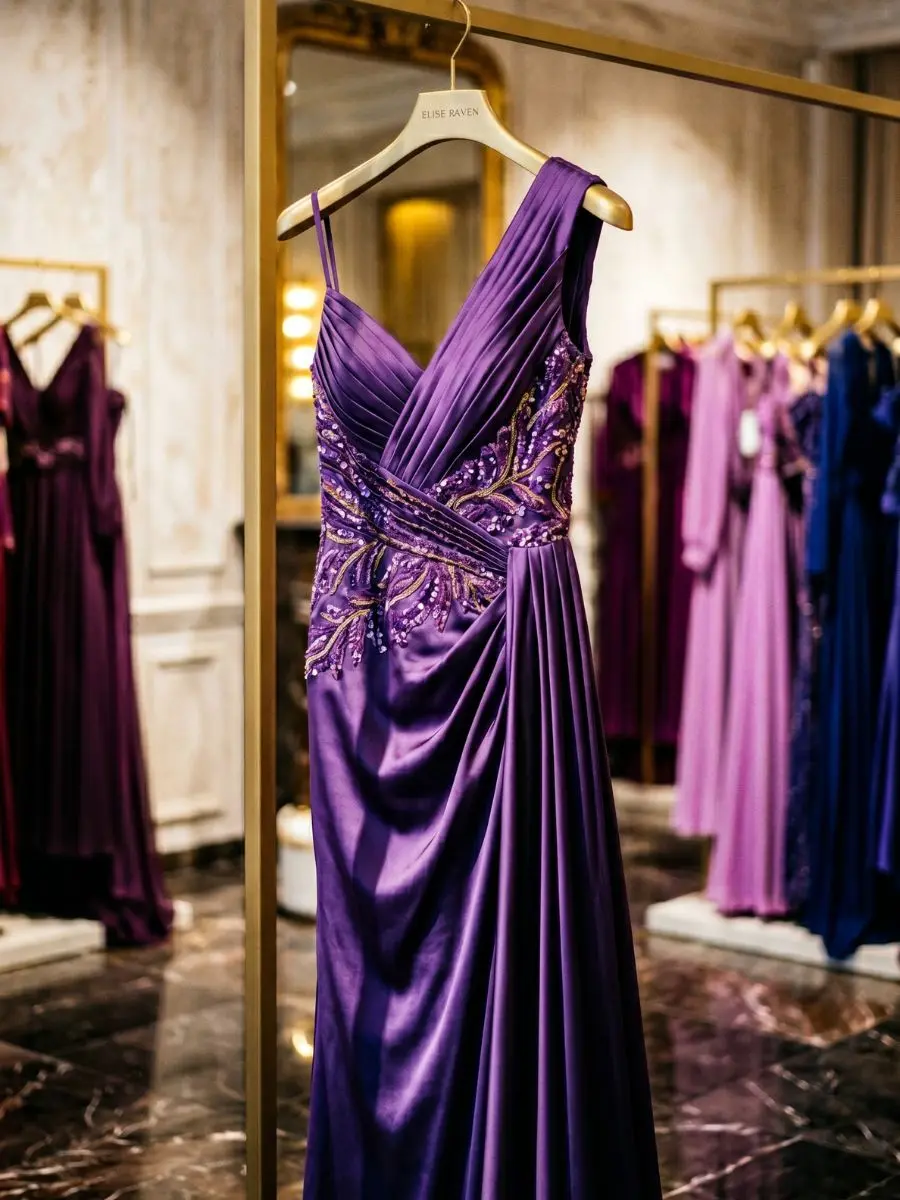 10 Stunning Long Purple Column Gowns for Your Next Black-Tie Event An architectural one-shoulder long purple column gown with gold embroidery hanging on a gold rack inside a luxury fashion boutique.