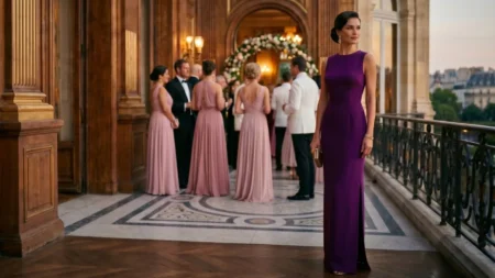 Stunning long purple column gowns highlighted by a woman in a plum sheath dress posing at an opulent black-tie event terrace.