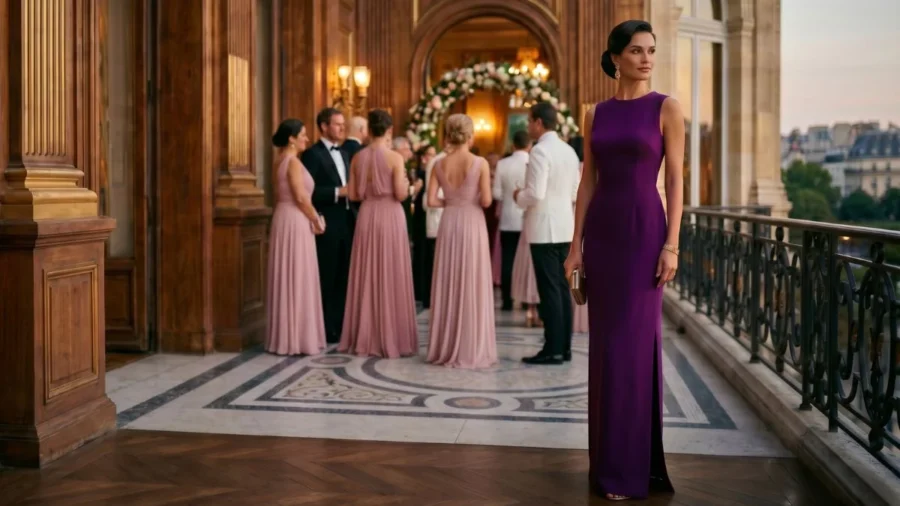 Stunning long purple column gowns highlighted by a woman in a plum sheath dress posing at an opulent black-tie event terrace.
